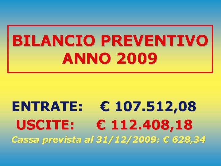 BILANCIO PREVENTIVO ANNO 2009 ENTRATE: USCITE: € 107. 512, 08 € 112. 408, 18