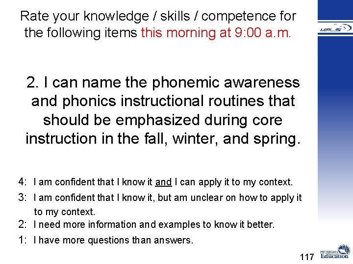 Rate your knowledge / skills / competence for the following items this morning at