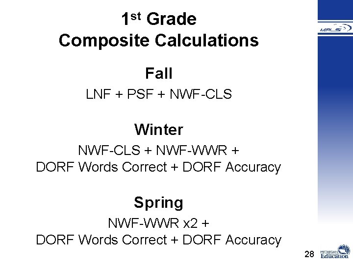 1 st Grade Composite Calculations Fall LNF + PSF + NWF-CLS Winter NWF-CLS +