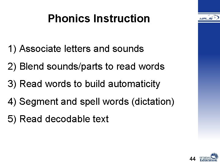 Phonics Instruction 1) Associate letters and sounds 2) Blend sounds/parts to read words 3)