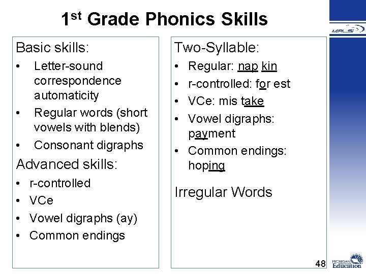 1 st Grade Phonics Skills Basic skills: Two-Syllable: • • Letter-sound correspondence automaticity Regular
