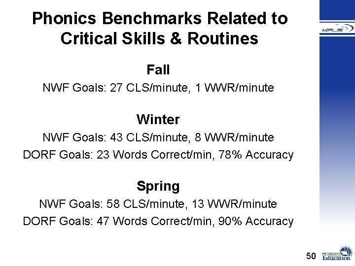Phonics Benchmarks Related to Critical Skills & Routines Fall NWF Goals: 27 CLS/minute, 1