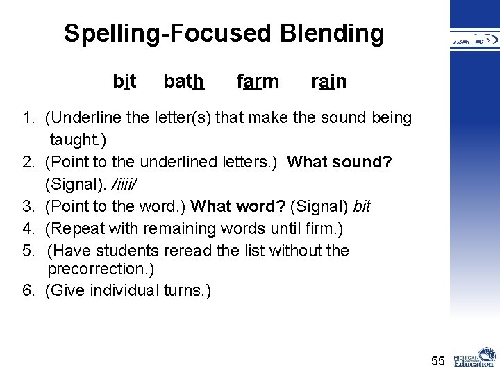 Spelling-Focused Blending bit bath farm rain 1. (Underline the letter(s) that make the sound