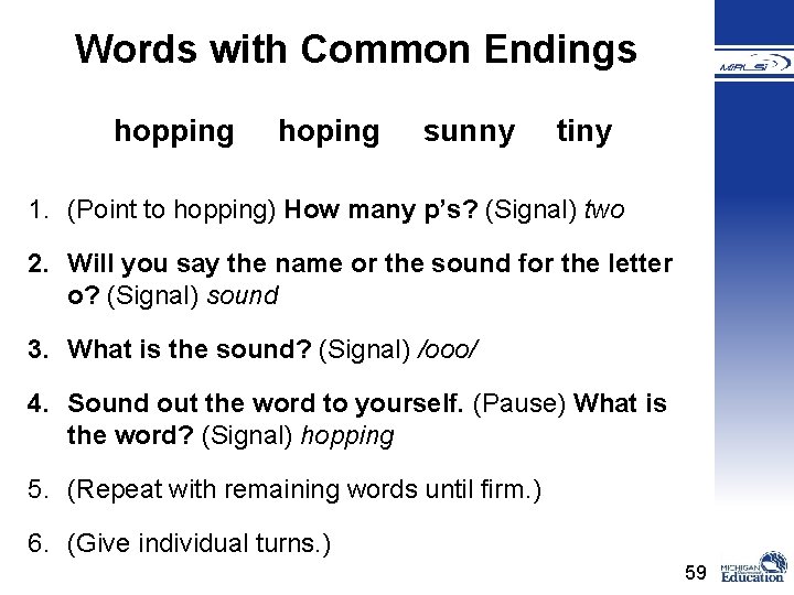 Words with Common Endings hopping hoping sunny tiny 1. (Point to hopping) How many