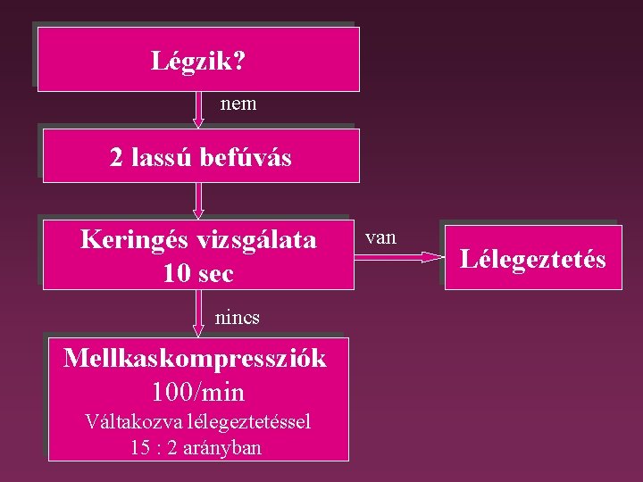 Légzik? nem 2 lassú befúvás Keringés vizsgálata 10 sec nincs Mellkaskompressziók 100/min Váltakozva lélegeztetéssel