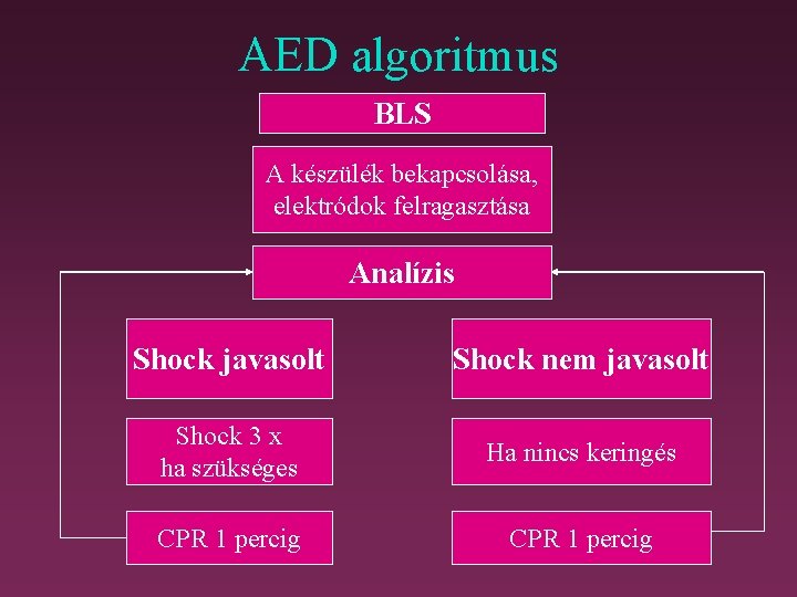 AED algoritmus BLS A készülék bekapcsolása, elektródok felragasztása Analízis Shock javasolt Shock nem javasolt