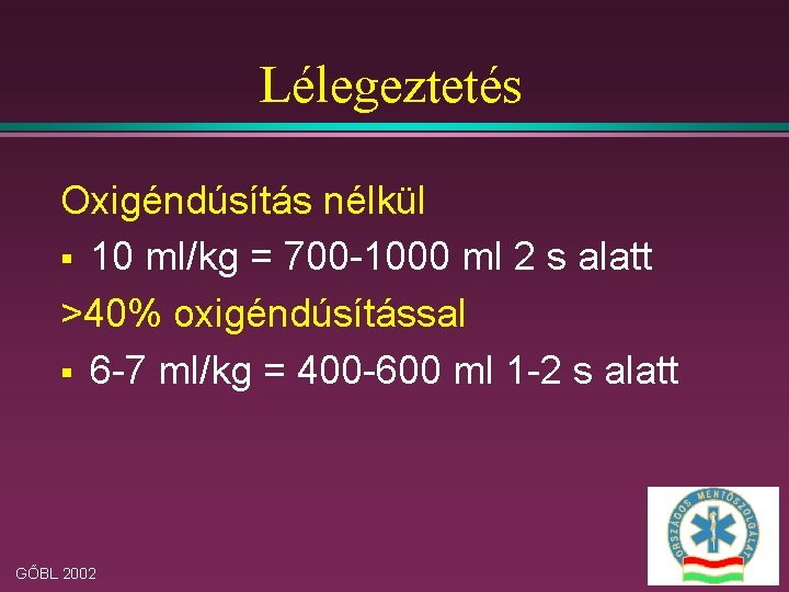 Lélegeztetés Oxigéndúsítás nélkül § 10 ml/kg = 700 -1000 ml 2 s alatt >40%