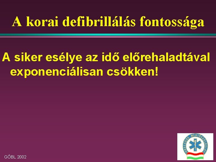 A korai defibrillálás fontossága A siker esélye az idő előrehaladtával exponenciálisan csökken! GŐBL 2002