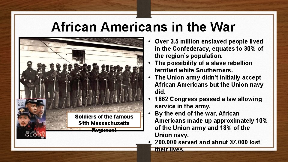 African Americans in the War Soldiers of the famous 54 th Massachusetts Regiment •