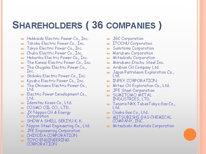 SHAREHOLDERS ( 36 COMPANIES ) Hokkaido Electric Power Co. , Inc. Tohoku Electric Power