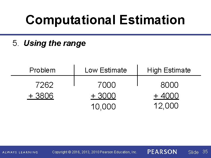 Computational Estimation 5. Using the range Problem 7262 + 3806 Low Estimate 7000 +