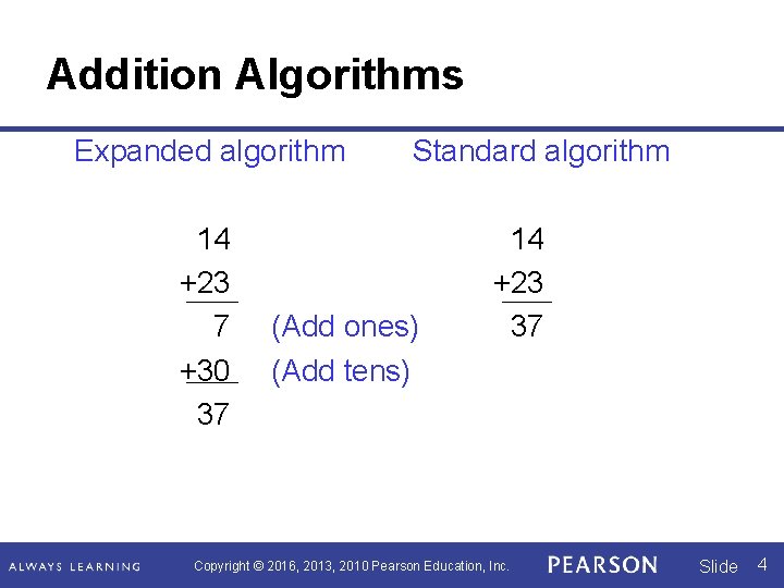 Addition Algorithms Expanded algorithm 14 +23 7 +30 37 Standard algorithm (Add ones) (Add