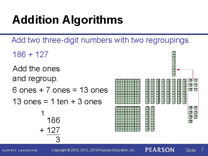 Addition Algorithms Add two three-digit numbers with two regroupings. 186 + 127 Add the