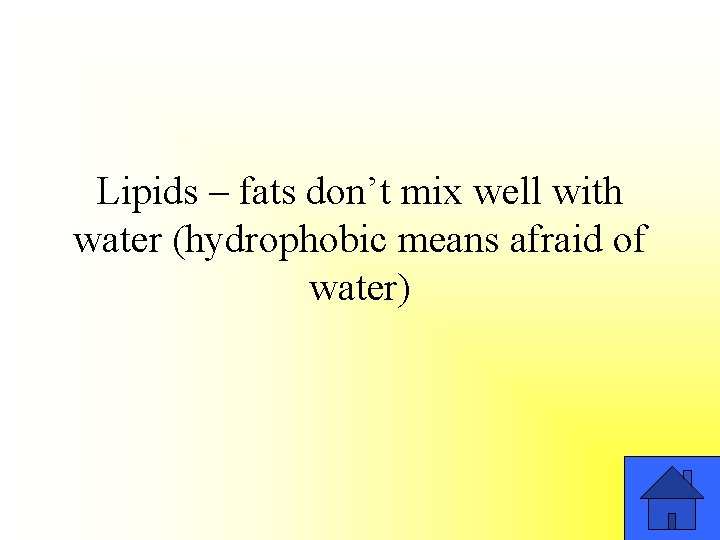 Lipids – fats don’t mix well with water (hydrophobic means afraid of water) 