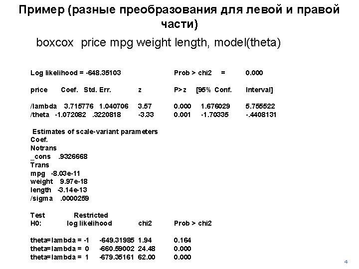 Пример (разные преобразования для левой и правой части) boxcox price mpg weight length, model(theta)