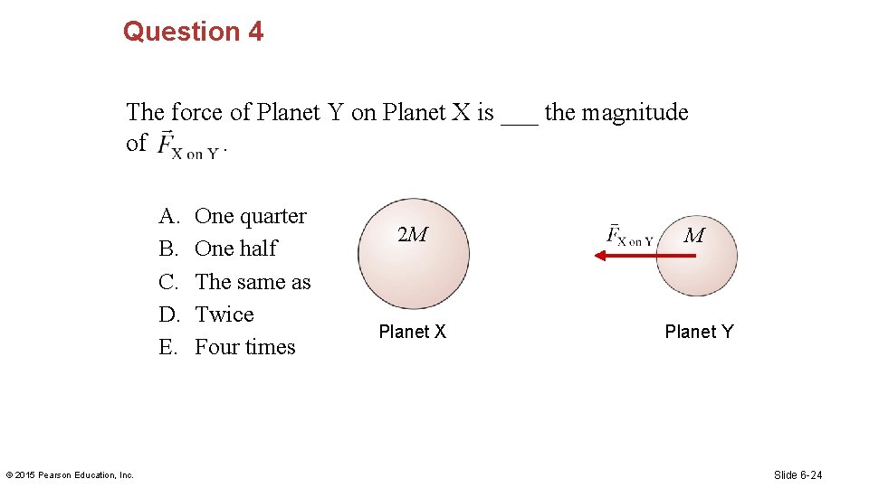 Question 4 The force of Planet Y on Planet X is ___ the magnitude
