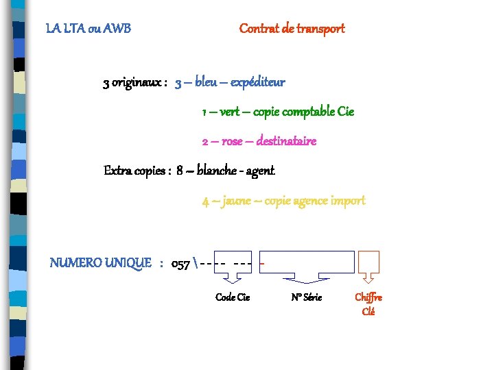 LA LTA ou AWB Contrat de transport 3 originaux : 3 – bleu –