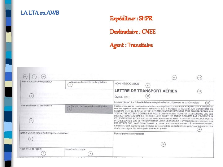 LA LTA ou AWB Expéditeur : SHPR Destinataire : CNEE Agent : Transitaire 