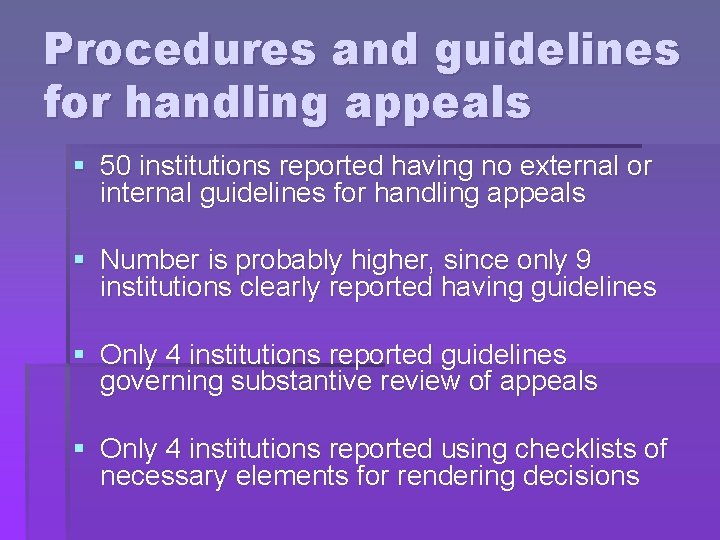 Procedures and guidelines for handling appeals § 50 institutions reported having no external or