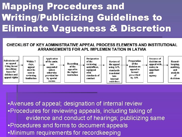 Mapping Procedures and Writing/Publicizing Guidelines to Eliminate Vagueness & Discretion • Avenues of appeal;