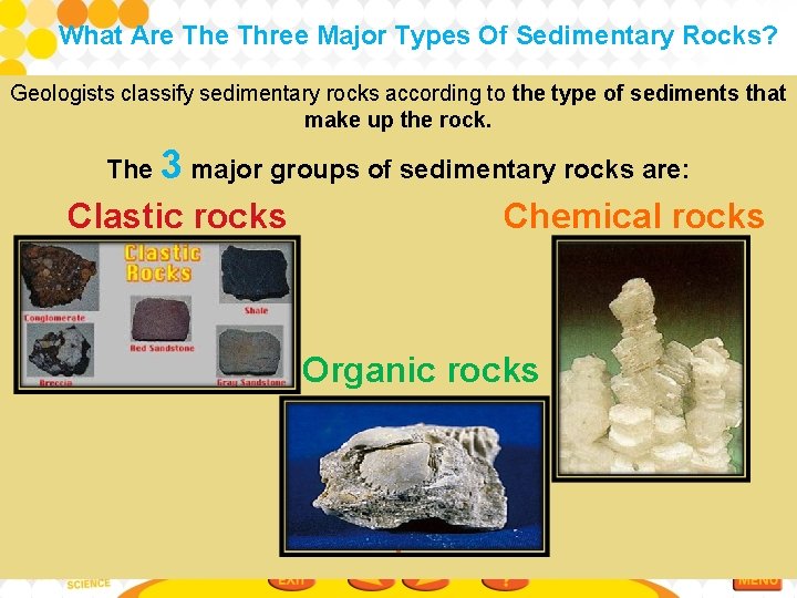 What Are Three Major Types Of Sedimentary Rocks? Geologists classify sedimentary rocks according to