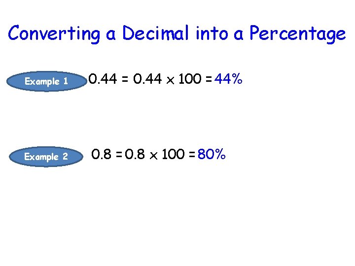 Converting a Decimal into a Percentage Example 1 Example 2 0. 44 = 0.