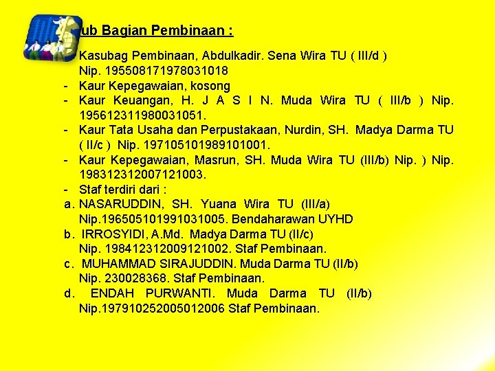 A. Sub Bagian Pembinaan : - Kasubag Pembinaan, Abdulkadir. Sena Wira TU ( III/d