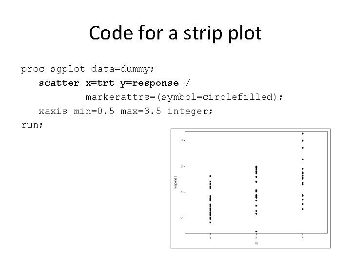 Code for a strip plot proc sgplot data=dummy; scatter x=trt y=response / markerattrs=(symbol=circlefilled); xaxis