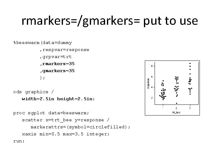 rmarkers=/gmarkers= put to use %beeswarm(data=dummy , respvar=response , grpvar=trt , rmarkers=35 , gmarkers=35 );