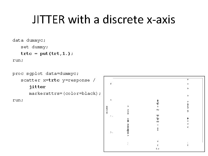 JITTER with a discrete x-axis data dummyc; set dummy; trtc = put(trt, 1. );