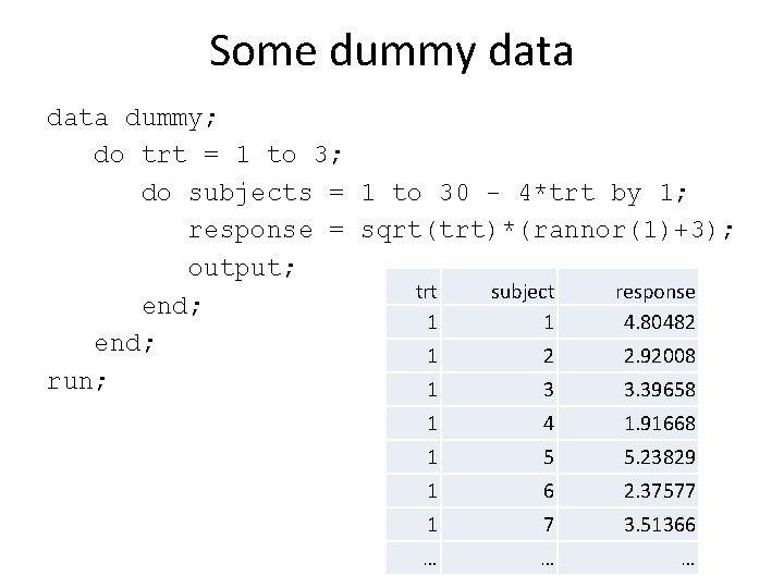 Some dummy data dummy; do trt = 1 to 3; do subjects = 1