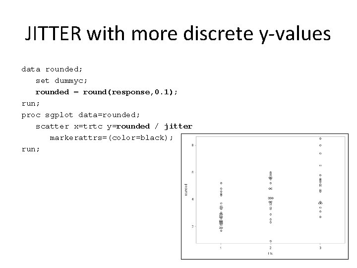JITTER with more discrete y-values data rounded; set dummyc; rounded = round(response, 0. 1);
