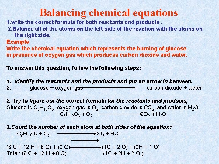 Balancing chemical equations 1. write the correct formula for both reactants and products. 2.