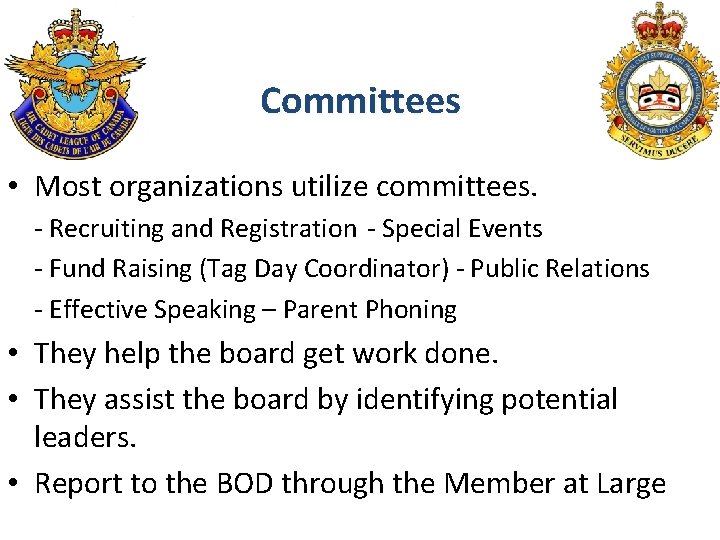 Committees • Most organizations utilize committees. - Recruiting and Registration - Special Events -