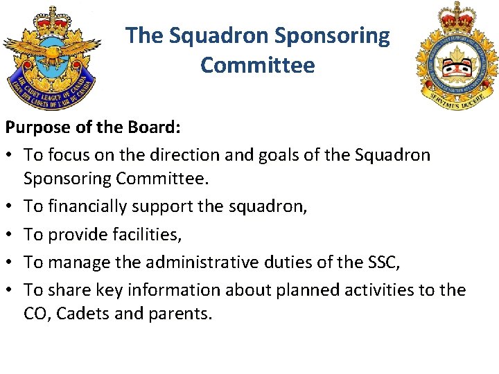 The Squadron Sponsoring Committee Purpose of the Board: • To focus on the direction