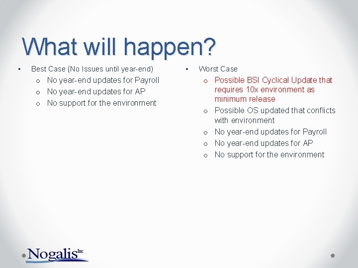 What will happen? • Best Case (No Issues until year-end) o No year-end updates