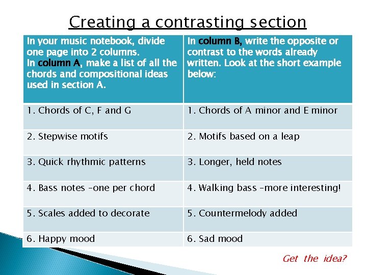 Creating a contrasting section In your music notebook, divide one page into 2 columns.