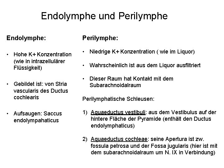 Endolymphe und Perilymphe Endolymphe: Perilymphe: • Hohe K+ Konzentration (wie in intrazellulärer Flüssigkeit) •