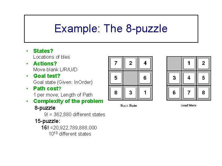 Example: The 8 -puzzle • States? Locations of tiles • Actions? Move blank L/R/U/D