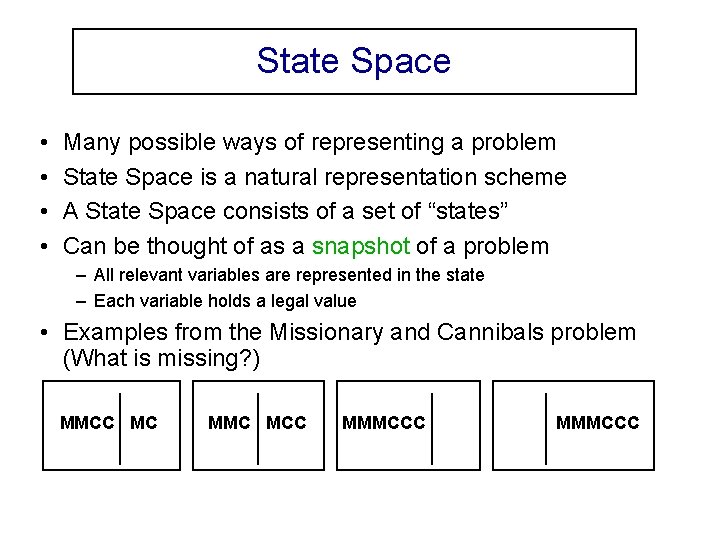 State Space • • Many possible ways of representing a problem State Space is