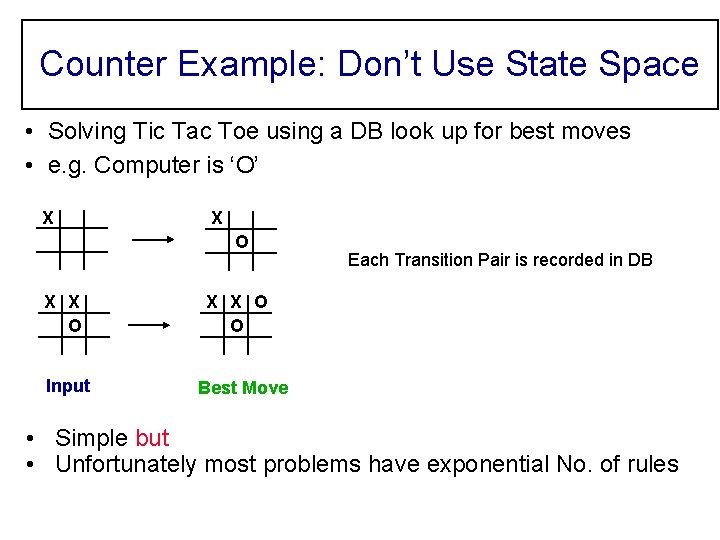 Counter Example: Don’t Use State Space • Solving Tic Tac Toe using a DB