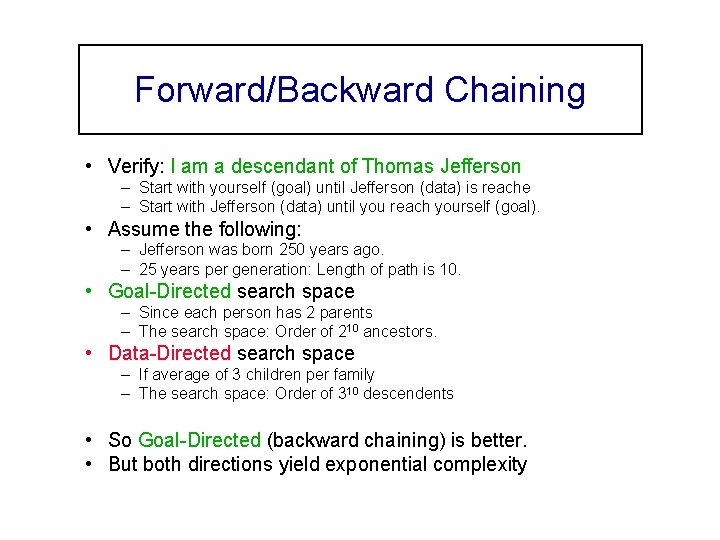 Forward/Backward Chaining • Verify: I am a descendant of Thomas Jefferson – Start with