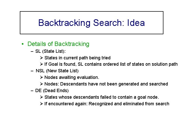 Backtracking Search: Idea • Details of Backtracking – SL (State List): Ø States in