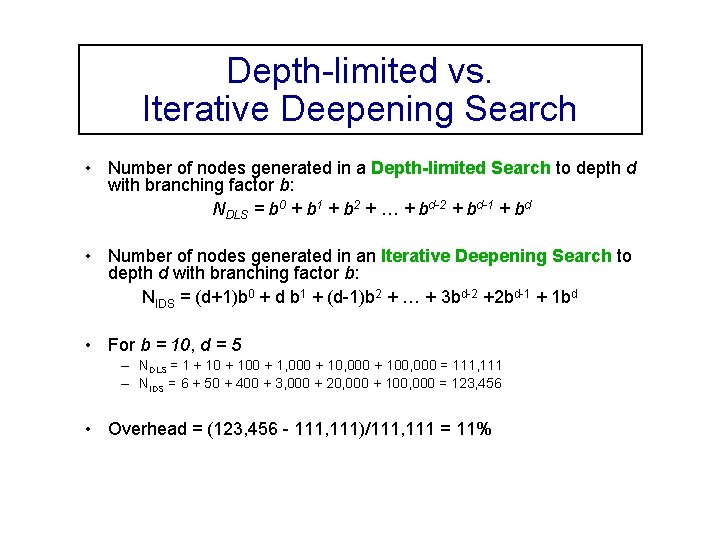 Depth-limited vs. Iterative Deepening Search • Number of nodes generated in a Depth-limited Search