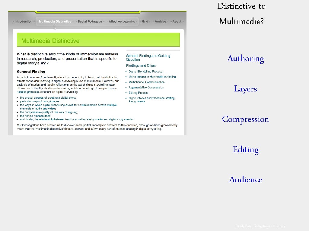 Distinctive to Multimedia? Authoring Layers Compression Editing Audience Randy Bass, Georgetown University 