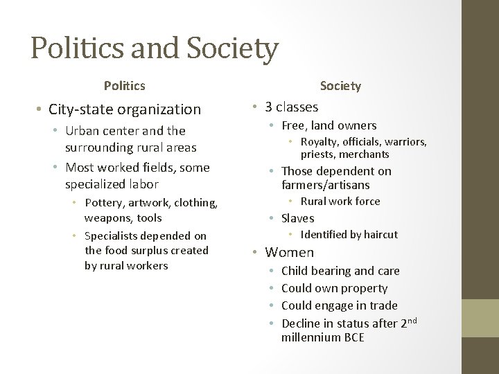 Politics and Society Politics • City-state organization • Urban center and the surrounding rural