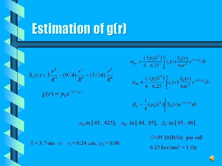 Estimation of g(r) d in [. 01, . 025], dx in [. 04, .