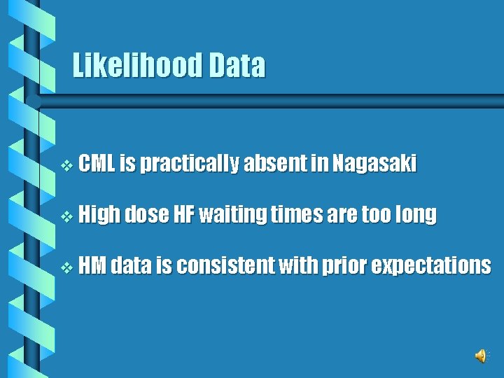 Likelihood Data v CML is practically absent in Nagasaki v High dose HF waiting