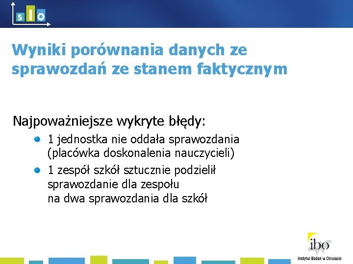 Wyniki porównania danych ze sprawozdań ze stanem faktycznym Najpoważniejsze wykryte błędy: 1 jednostka nie