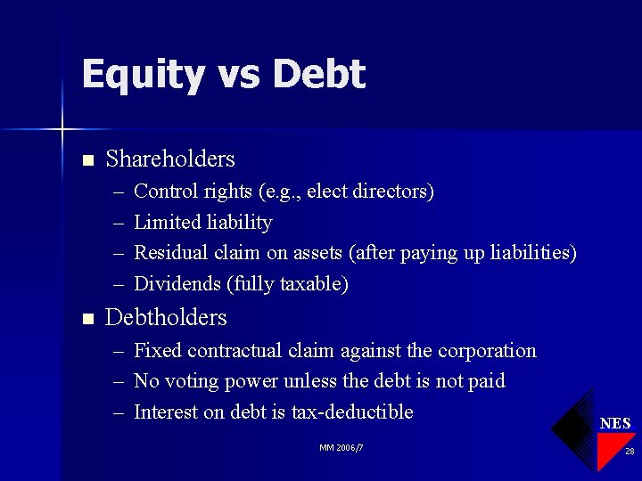 Equity vs Debt n Shareholders – – n Control rights (e. g. , elect